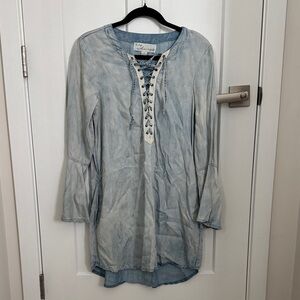 Vintage Havana Light Blue Lace-Up Tunic with Bell Sleeves